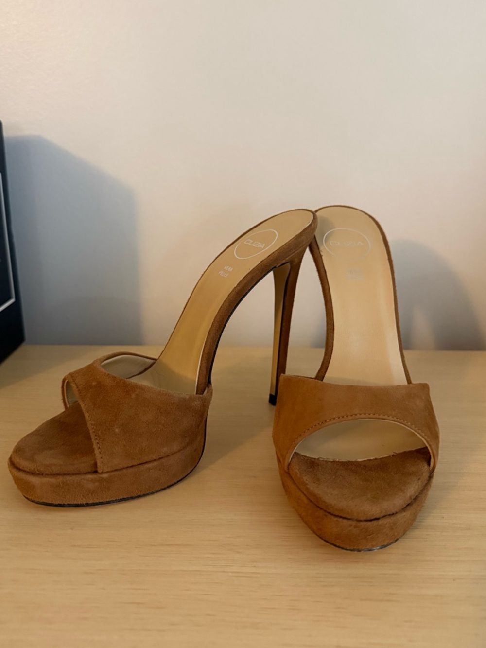 Suede Open-Toe Platform Heels in Tan